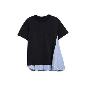 Sacai Poplin Jersey Women's Size 4 Navy Mixed Media Cotton Top $410
